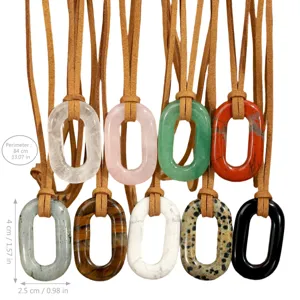 Bohemian oval gemstone pendant suede cord necklace with detailed size measurements.