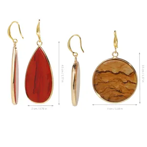Detailed view showing dimensions of natural stone gold-plated drop and round earrings.