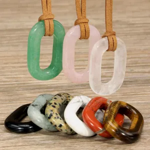 Bohemian natural stone crystal pendant necklace set with soft leather cord for women accessory.