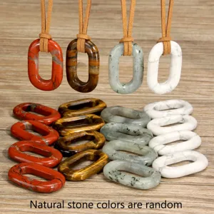 Natural stone oval pendant necklace with suede cord bohemian jewelry fashion detail.