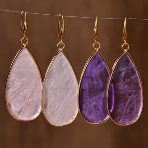 Natural stone teardrop earrings with gold rim, elegant rose quartz and amethyst drop ear jewelry.