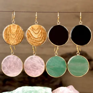 Elegant round natural stone earrings with gold plated rim, vintage gemstone drop dangle jewelry.