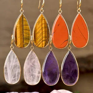 Natural stone teardrop earrings featuring gold-plated edge design for elegant styles.