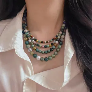 Collana girocollo multistrato con perle in pietra naturale colorata stile bohémien