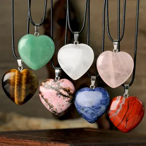 Colorful natural stone heart pendant necklace with black leather cord for women fashion gift.