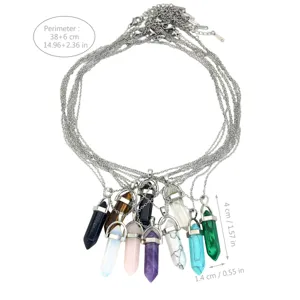 Set van natuurstenen zeshoekige zuil hanger ketting, roestvrij staal sieraden details.