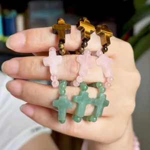 Naturstein Kreuz Perlen Elastischer Ring Für Damen Rosenquarz Tigerauge Grün Aventurin Stretch Fingerring Handgefertigter Schmuck