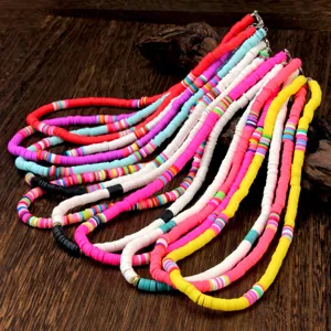 Bohemian Polymeerklei Heishi Kraal Choker Ketting Kleurrijke Cirkelvormige Schijf Sleutelbeen Ketting Handgemaakte Kunstparel Hanger Ketting Voor Vrouwen Strand Vakantie Sieraden