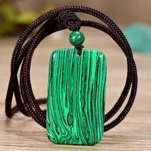 Vintage Retro Natural Stone Malachite Square Pendant Necklace For Women Long Sweater Chain Fashion Jewelry
