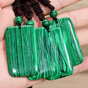 Green malachite square pendant necklace retro vintage blank tablet sweater chain jewelry detail