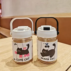 Portable glass water bottle with cute cat leather sleeve, dual drink straw cup with handle.