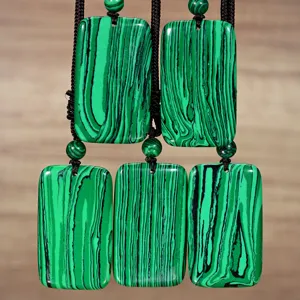 Elegant green malachite square pendant necklace retro long sweater chain jewelry
