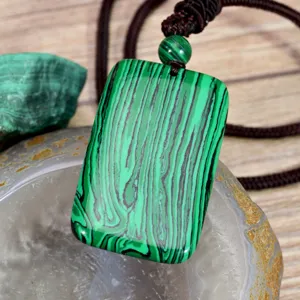 Green malachite square pendant necklace for women, vintage style long sweater chain jewelry.