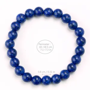 Detail view of blue gemstone beaded bracelet, 0.8cm bead diameter and 18cm perimeter.