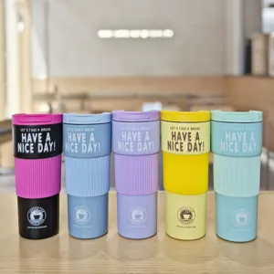 Stainless steel insulated coffee cup with silicone sleeve, vacuum travel mug, 5 assorted colors.