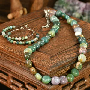 Boho Natural Indian Agate Necklace And Earrings Irregular Beads Artistic Retro Alloy Jewelry For Women Accessory