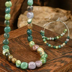 Boho handmade natural Indian agate stone necklace and hoop earrings jewelry set for daily.
