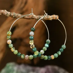 Boho natural stone hoop earrings with Indian agate beads, stylish vintage jewelry for women.