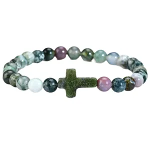 Handmade Indian Agate Cross Beaded Bracelet Natural Stone Stretch Jewelry for Women