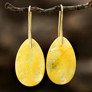 Yellow teardrop crystal gemstone earrings with gold-plated hooks elegant fashion jewelry.
