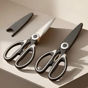 Multifunctional kitchen scissors set with protective cover, durable stainless steel utility shears.
