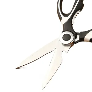 Stainless steel kitchen scissor detail blade and joint close up showing sturdy build quality.