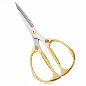 Gold handle kitchen scissors detail close up view of stainless steel multi-functional tool