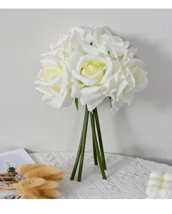 Artificial white rose bouquet detail shot, 5-head rolled edge faux flowers for home decor.