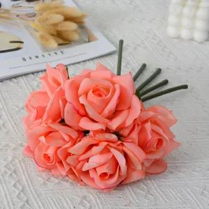 Artificial rose bouquet 5 heads fake flowers peach home wedding decor floral arrangement