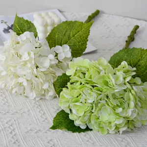 Artificial hydrangea flowers main view, white and green silk floral decor for home wedding table.