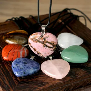 Fashion natural stone heart pendant leather cord necklace colorful crystal jewelry gift