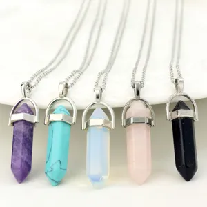 Natuurlijke steen zeshoekige prisma hanger halsketting met roestvrijstalen ketting voor vrouwen.