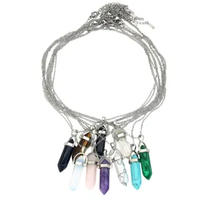 Natuurstenen Zeshoekige Pijler Hanger Ketting Set Roestvrij Stalen Kristal Sieraden