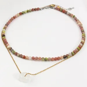 Collana di perle in pietra naturale doppio strato con pendente cristallo bianco oro