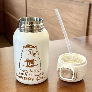 Gourde enfant en acier inoxydable 316 avec paille et motif animal mignon et couvercle double