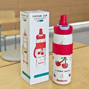 Stainless steel double drink vacuum insulated water bottle 600ml with cute cherry pattern.