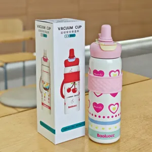 Stainless steel vacuum insulated water bottle with straw lid and cute heart cherry design 600ml