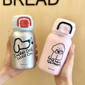 Bouteille isotherme portable en acier inoxydable pour enfants avec imprimé chien et paille.