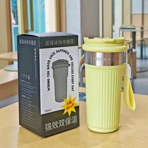 Edelstahl Vakuum isolierter Kaffeebecher mit Deckel und einem praktischem Gurt, 600ml