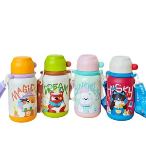Niedliche Cartoon Edelstahl Kinder Trinkflasche mit Strohhalm und verstellbarem Gurt