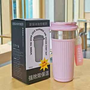 Edelstahl isolierter Kaffeebecher mit vertikalen Streifen, 600ml tragbare Vakuum-Wasserflasche rosa.
