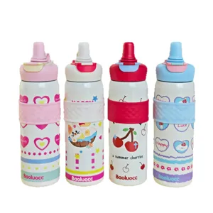 Cute cartoon stainless steel vacuum insulated water bottle with straw and dual drinking design.