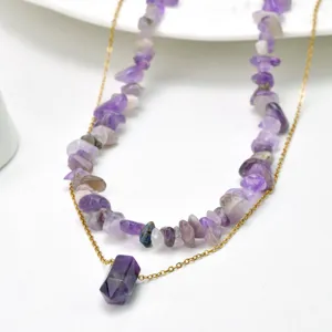 Doppelte Schicht natürlicher Amethyst Kristall Chip Anhänger Halskette Gold Kette Damen