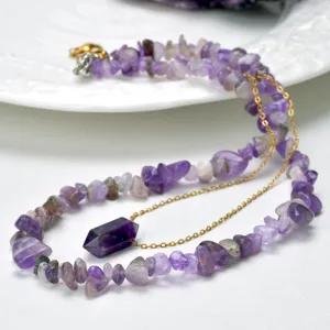 Naturstein Kristall Splitter Halskette Für Damen Doppellagig Amethyst Tigerauge Sechseckiger Säulenanhänger Chic Schmuck Schlüsselbeinkette