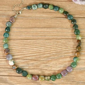 Boho irregular natural stone beaded necklace with metal clasp and extension chain for women.