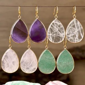 Pendientes de piedra natural de gota para mujer, joyas colgantes de cristal dorado elegante.