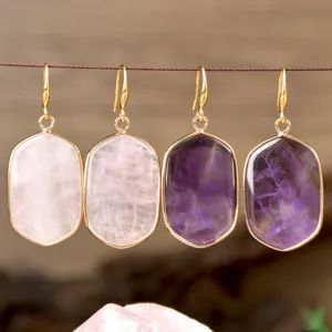 Pendientes colgantes de piedra natural con montura dorada, joyas elegantes de cuarzo y cristal.