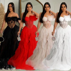 Women's Elegant Strapless Feather Decorated Mesh Maxi Dress Evening Party Long Dress
