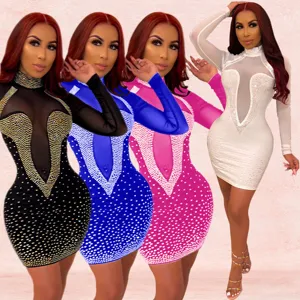 Sexy rhinestone mesh long sleeve bodycon mini dress in black, blue, pink and white.