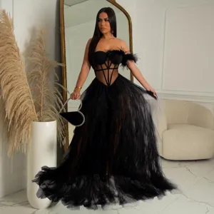 elegant black strapless mesh long dress women evening party feather sleeveless gown outfit fashion